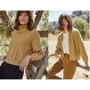 Vetta The Cropped Cable Knit Sweater Ochre Tan reversible convertible cowl cardi